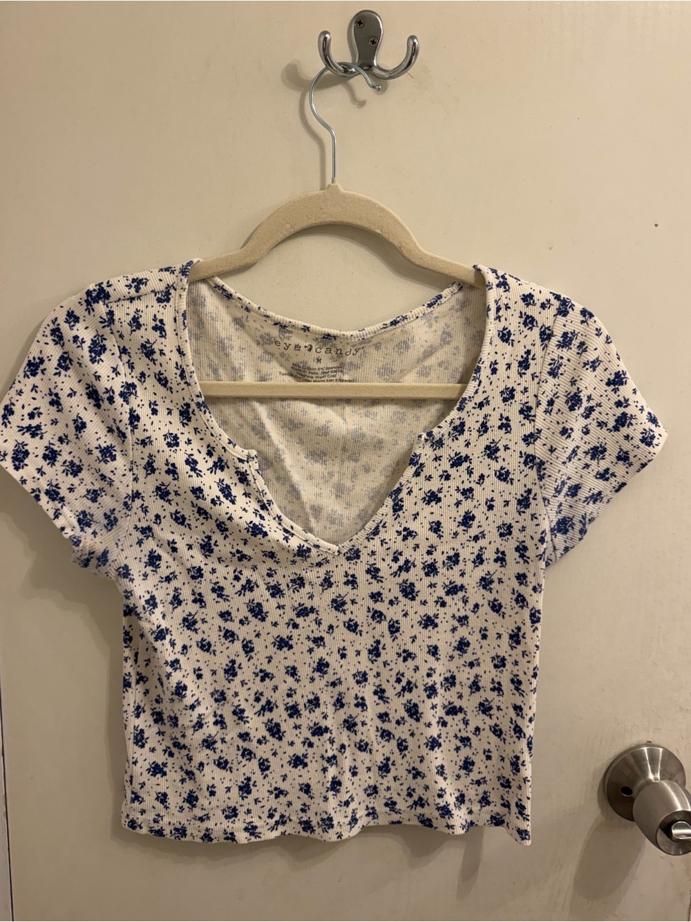 eye candy White Crop Top with Blue Floral Print